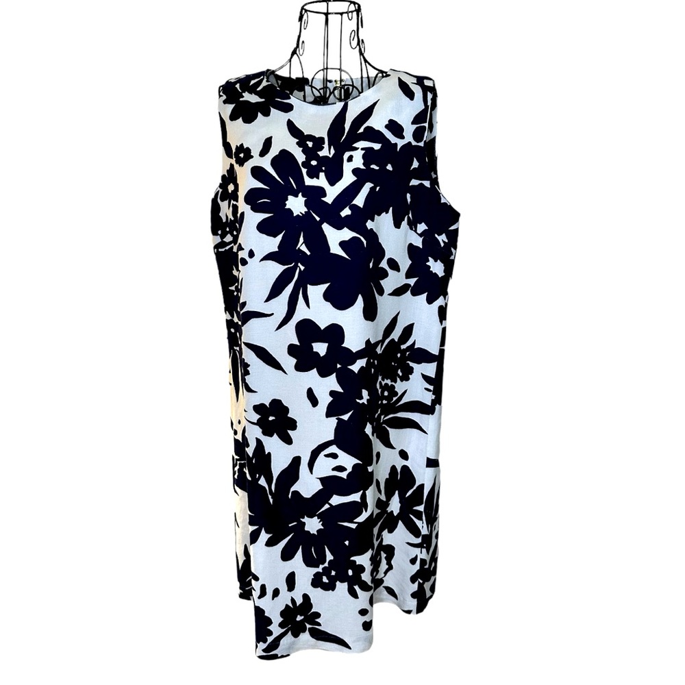 Grace Elements Linen Navy & White Lined Shift Dress Size Medi…